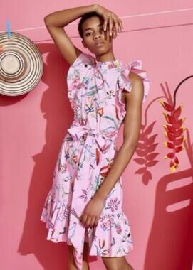 Banjanan Bul Bul Dress Pink Floral Sunflower Ruffle Sleeve Midi Size 2 or Small
